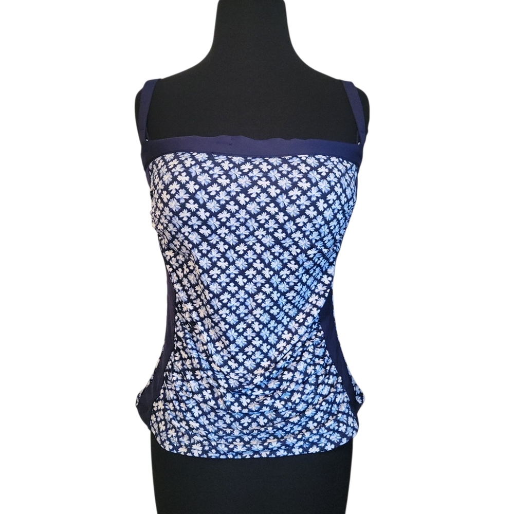 ​Lands' End Navy Blue White Floral Bandeau Tankini Swim Tummy Control Size 8